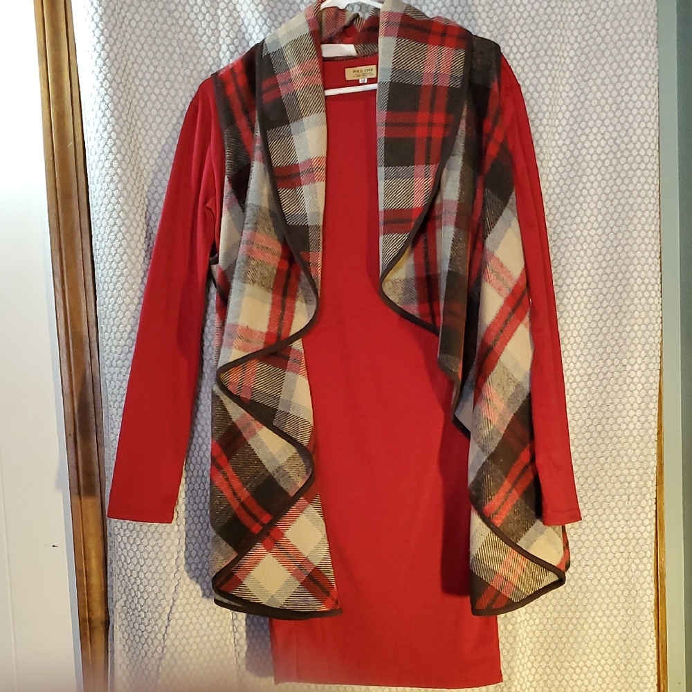 Boutique  Red Dress & Plaid Vest